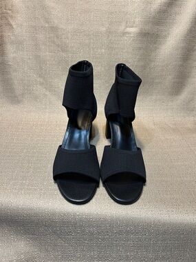 Stretch Ankle Strap Open-Toe Heels in Black - Women's